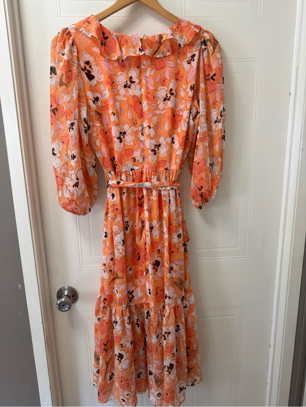 Karl Lagerfeld Orange Floral Midi Maxi Dress with Puff Sleeves - Picture 6 of 8